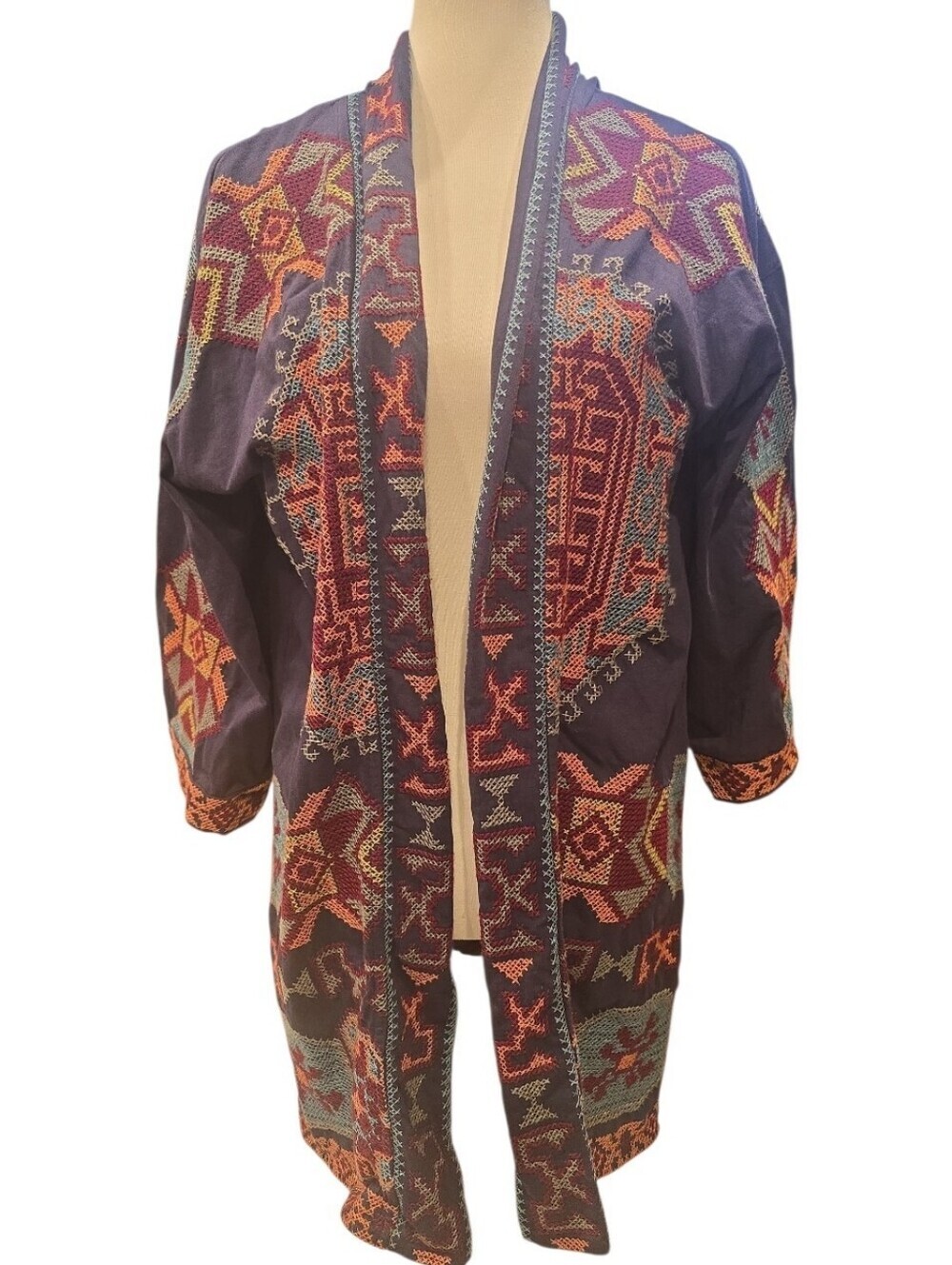 Soft Surroundings Open Front Jacket Embroidered Boho Artsy Size Small